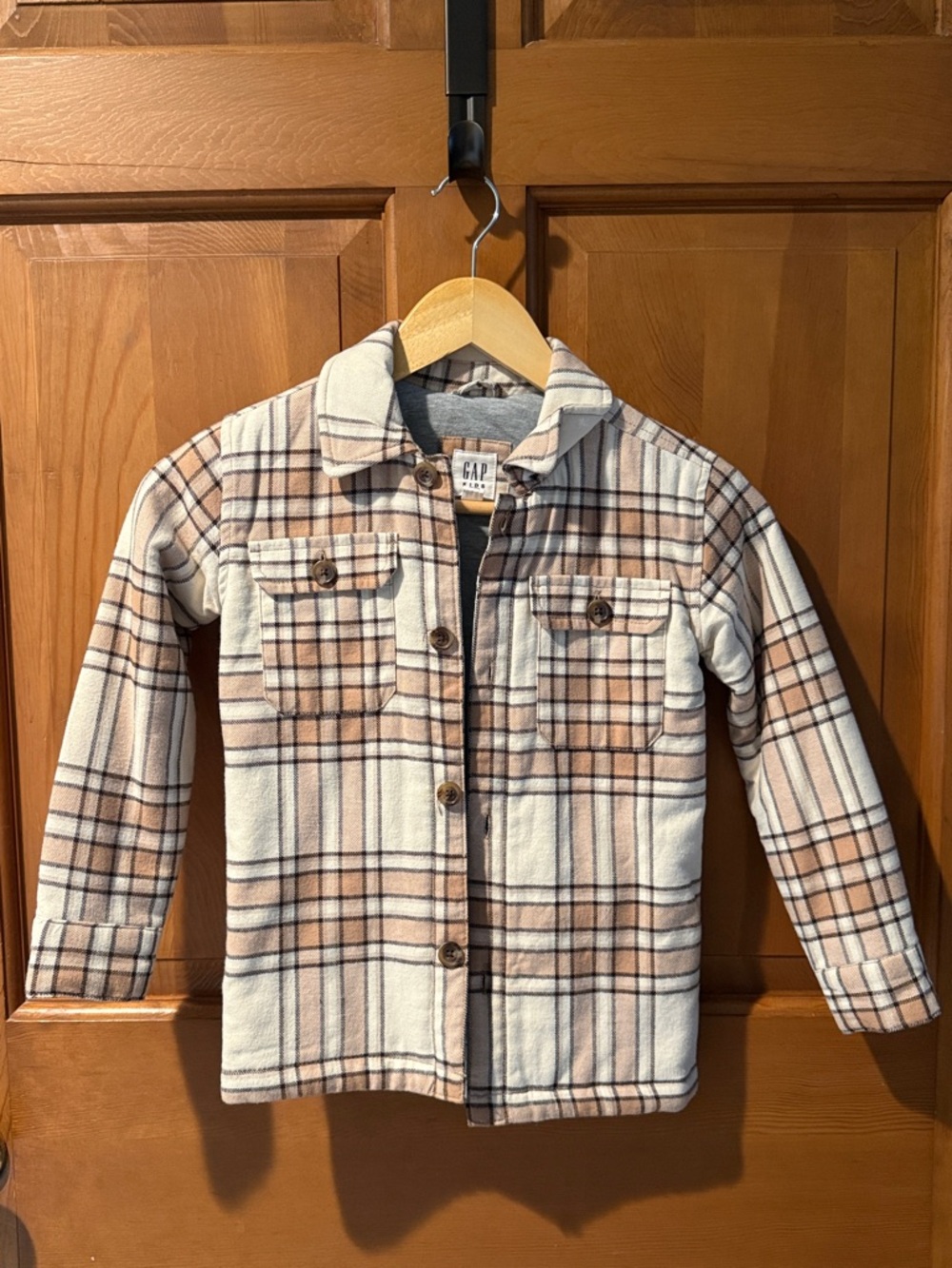 GAP Kids Cream and Tan Plaid Button-Front Shirt Jacket